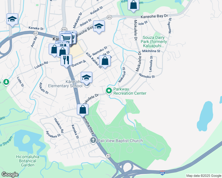 map of restaurants, bars, coffee shops, grocery stores, and more near 45-381 Mokulele Drive in Kaneohe