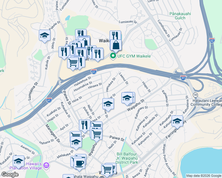 map of restaurants, bars, coffee shops, grocery stores, and more near 94-1234 Hiapo Street in Waipahu