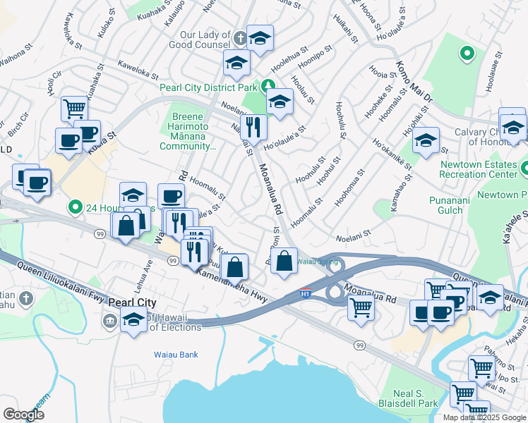 map of restaurants, bars, coffee shops, grocery stores, and more near 1202 Puu Poni Place in Pearl City