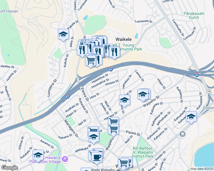 map of restaurants, bars, coffee shops, grocery stores, and more near 94-1154 Hina Street in Waipahu