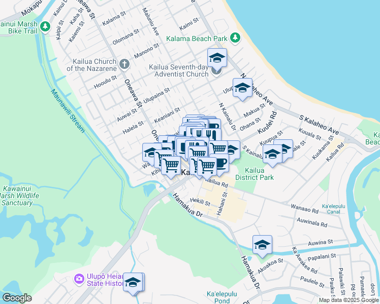 map of restaurants, bars, coffee shops, grocery stores, and more near 33 Aulike Street in Kailua