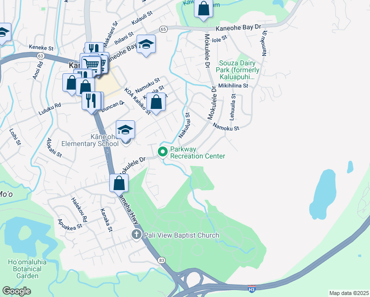 map of restaurants, bars, coffee shops, grocery stores, and more near 45-410 Nakuluai Street in Kaneohe