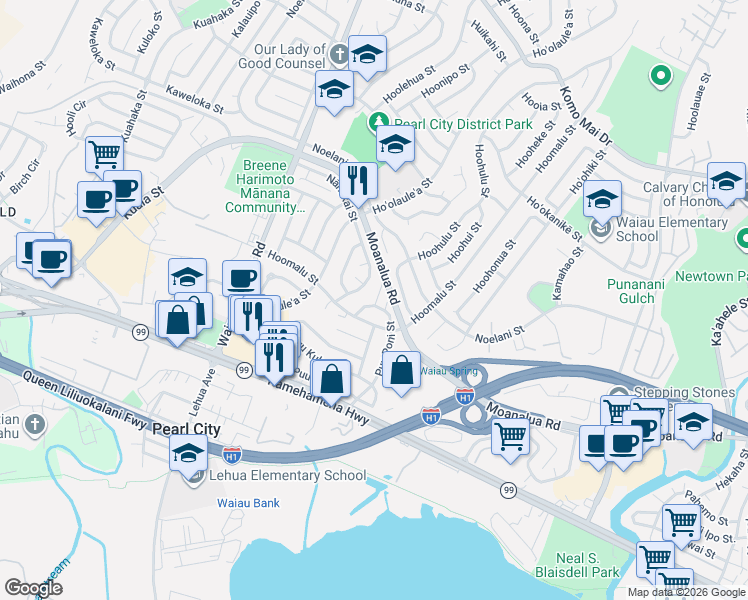 map of restaurants, bars, coffee shops, grocery stores, and more near 1202 Puu Poni Place in Pearl City