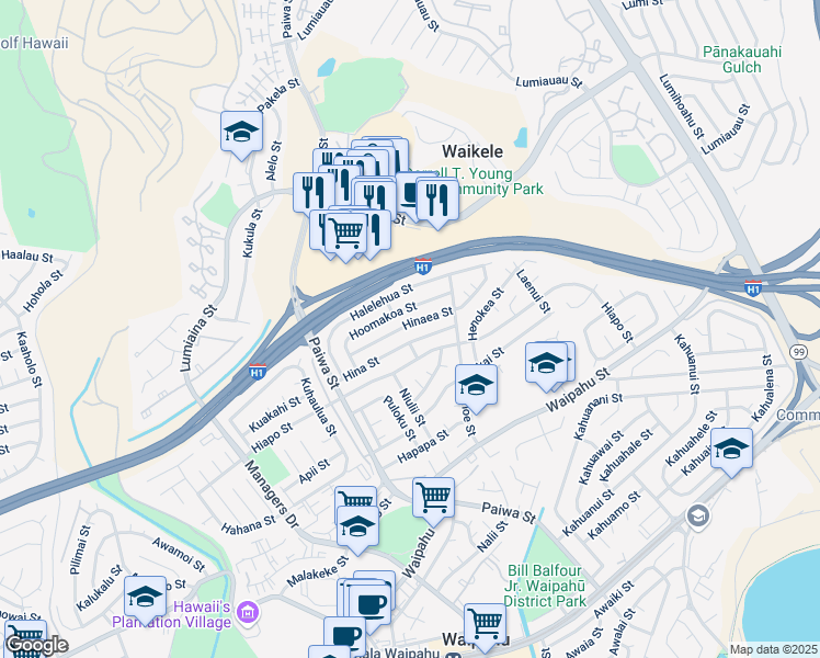 map of restaurants, bars, coffee shops, grocery stores, and more near 94-1154 Hina Street in Waipahu