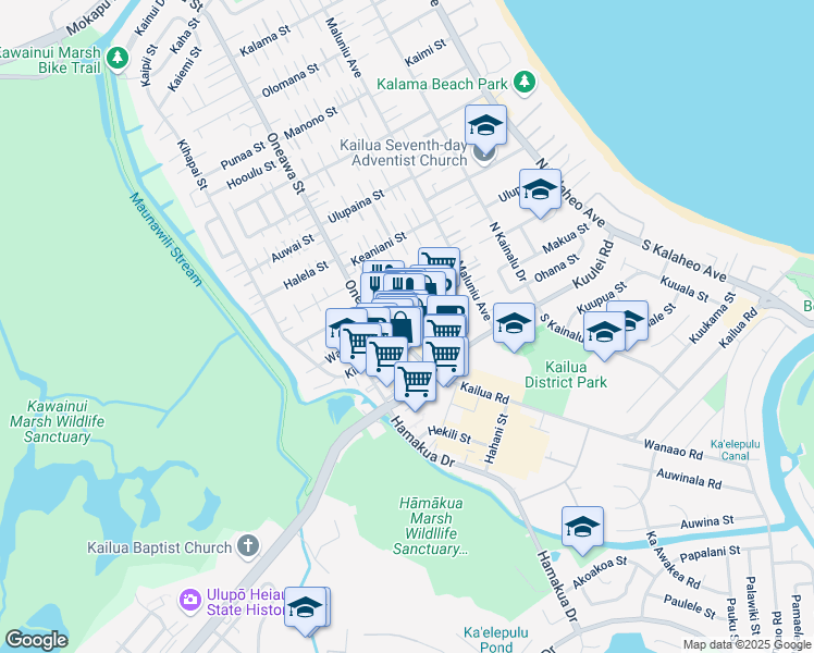 map of restaurants, bars, coffee shops, grocery stores, and more near 337 Uluniu Street in Kailua