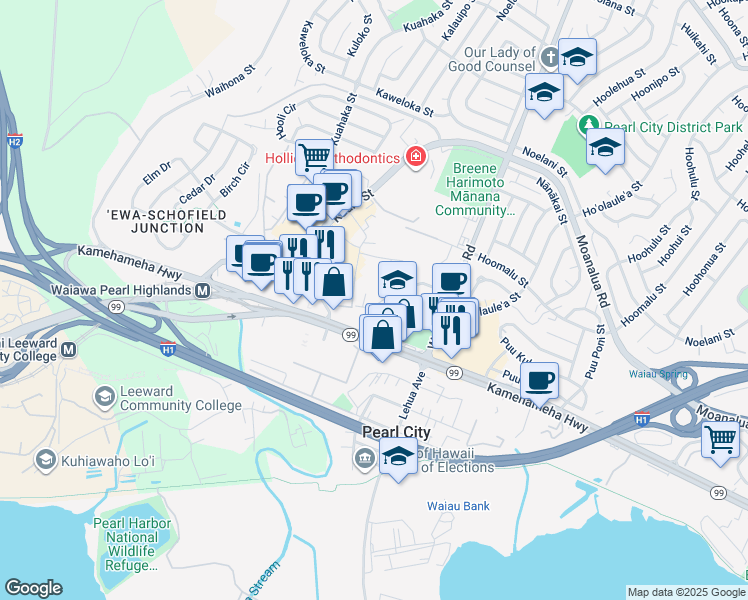 map of restaurants, bars, coffee shops, grocery stores, and more near 1066 Luehu Street in Pearl City
