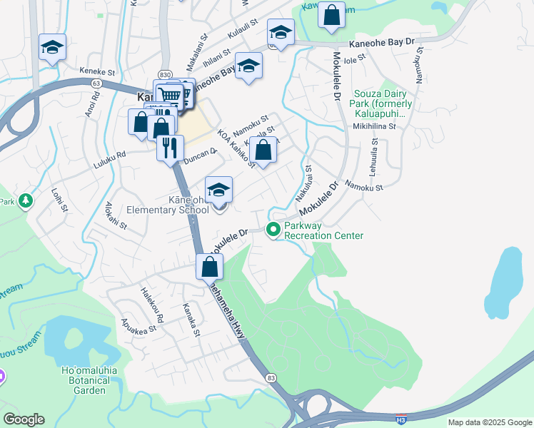 map of restaurants, bars, coffee shops, grocery stores, and more near 45-381 Mokulele Drive in Kaneohe
