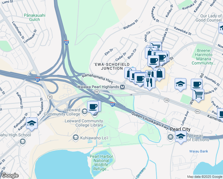 map of restaurants, bars, coffee shops, grocery stores, and more near Farrington Highway in Pearl City