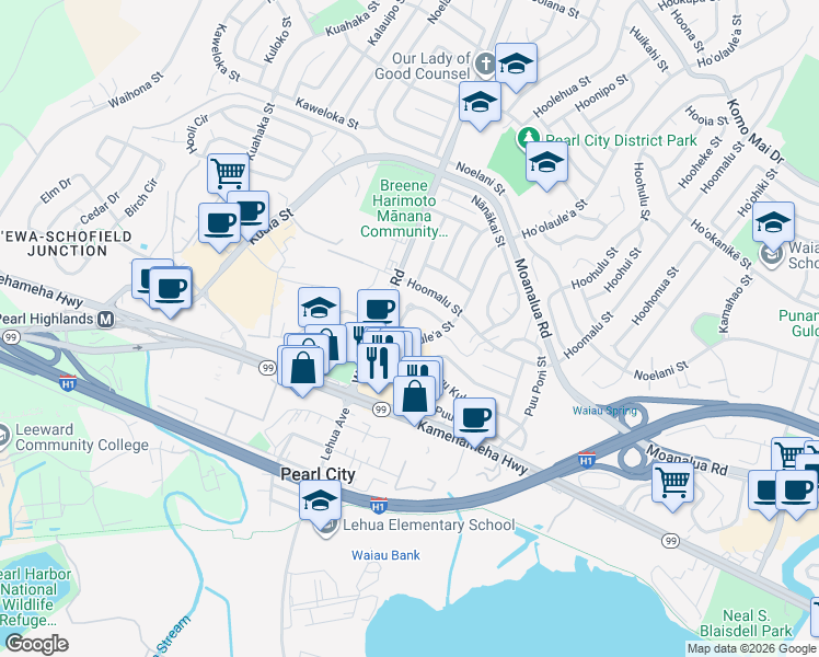 map of restaurants, bars, coffee shops, grocery stores, and more near 1142 Hoʻolauleʻa Street in Pearl City