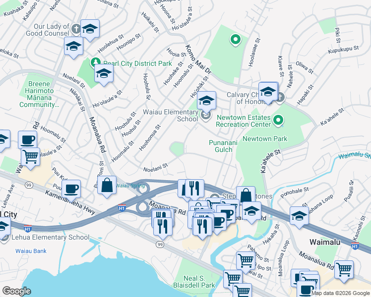 map of restaurants, bars, coffee shops, grocery stores, and more near in Waimalu