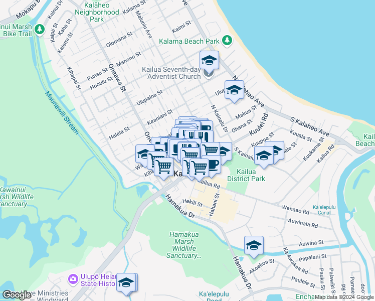 map of restaurants, bars, coffee shops, grocery stores, and more near 33 Aulike Street in Kailua
