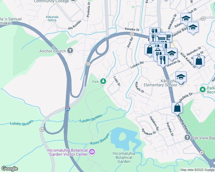 map of restaurants, bars, coffee shops, grocery stores, and more near 45-618 Liula Street in Kaneohe