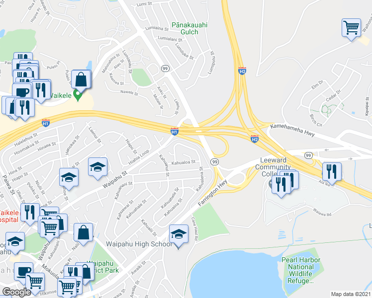 map of restaurants, bars, coffee shops, grocery stores, and more near 94-504 Kahualena Street in Waipahu