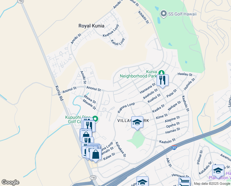 map of restaurants, bars, coffee shops, grocery stores, and more near 94 Kupuohi Street in Waipahu