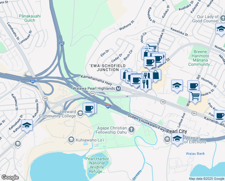 map of restaurants, bars, coffee shops, grocery stores, and more near 1601 Kamehameha Highway in Pearl City