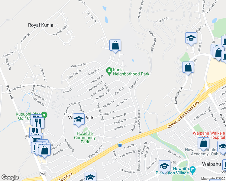 map of restaurants, bars, coffee shops, grocery stores, and more near 94-518 Palai Street in Waipahu