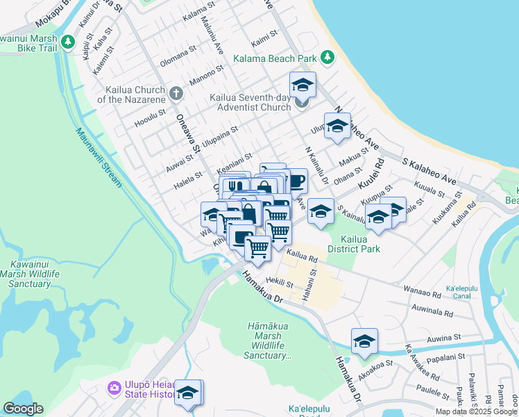 map of restaurants, bars, coffee shops, grocery stores, and more near 337 Uluniu Street in Kailua