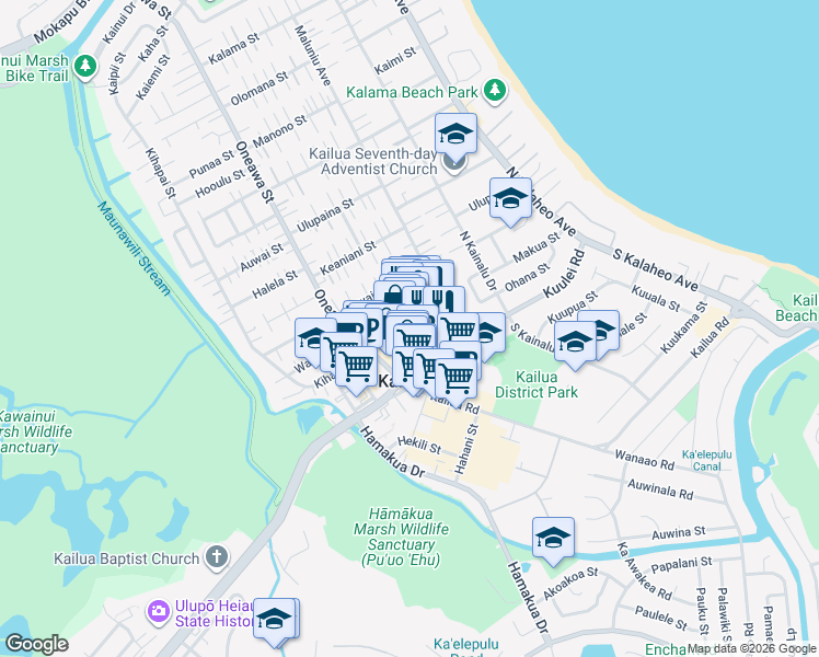 map of restaurants, bars, coffee shops, grocery stores, and more near 45 Aulike Street in Kailua