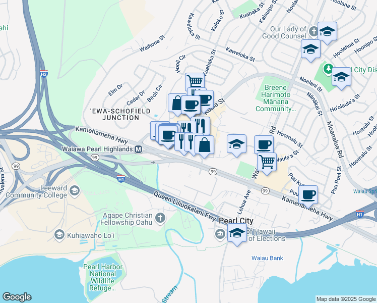 map of restaurants, bars, coffee shops, grocery stores, and more near 1000 Kamehameha Highway in Pearl City