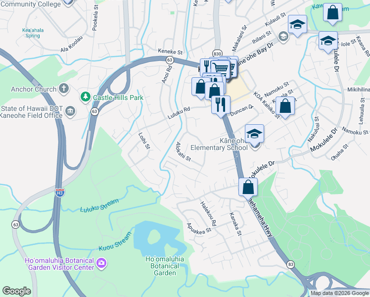 map of restaurants, bars, coffee shops, grocery stores, and more near 45-559 Awapapa Place in Kaneohe