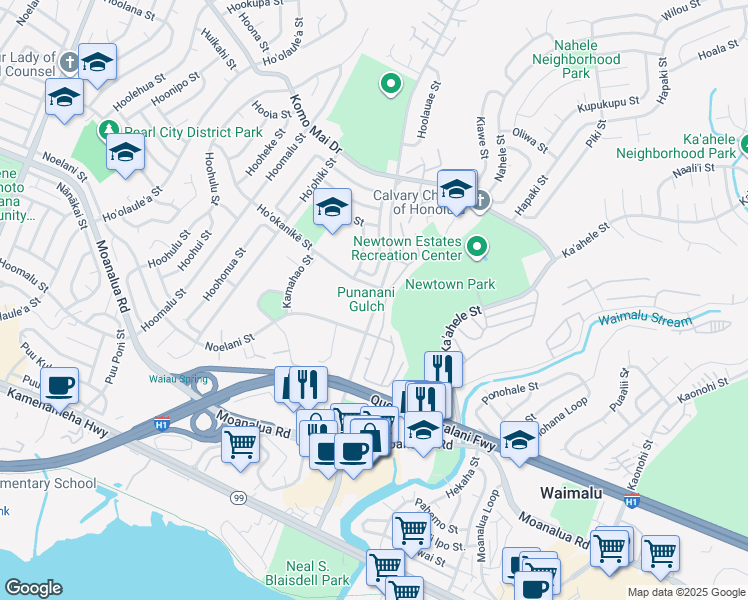 map of restaurants, bars, coffee shops, grocery stores, and more near 98-1429 Kaʻahumanu Street in Aiea
