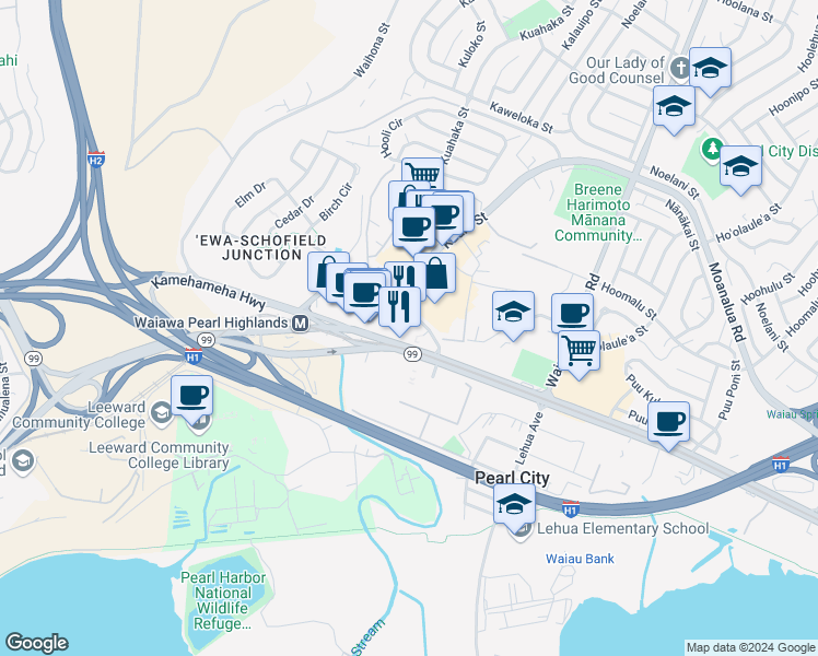 map of restaurants, bars, coffee shops, grocery stores, and more near 1000 Kamehameha Highway in Pearl City