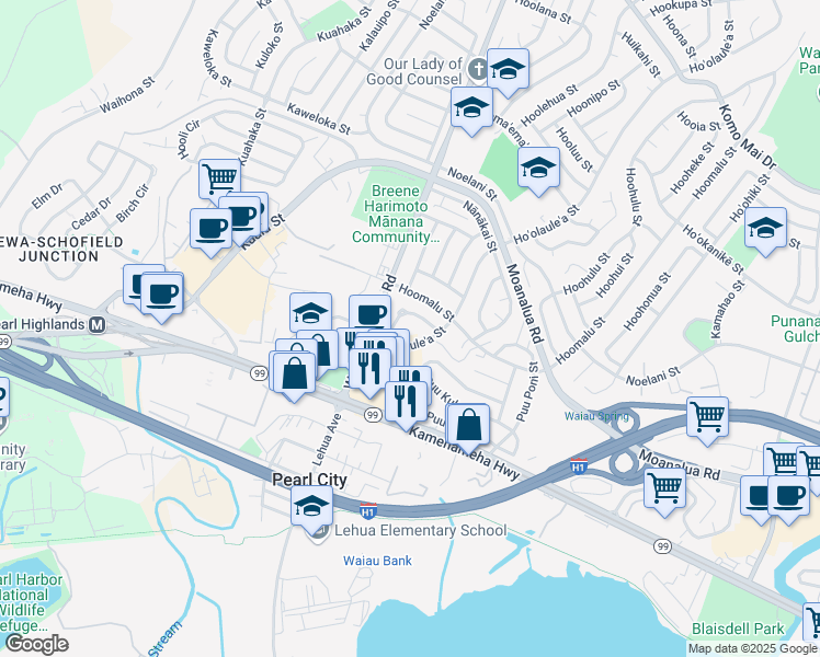 map of restaurants, bars, coffee shops, grocery stores, and more near 1142 Hoʻolauleʻa Street in Pearl City