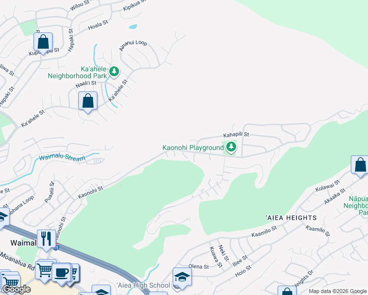 map of restaurants, bars, coffee shops, grocery stores, and more near 98-738 Kaonohi Street in Aiea
