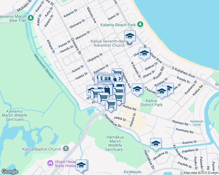 map of restaurants, bars, coffee shops, grocery stores, and more near 337 Uluniu Street in Kailua