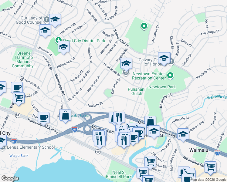 map of restaurants, bars, coffee shops, grocery stores, and more near in Waimalu