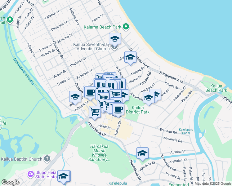 map of restaurants, bars, coffee shops, grocery stores, and more near 318C Kuulei Road in Kailua