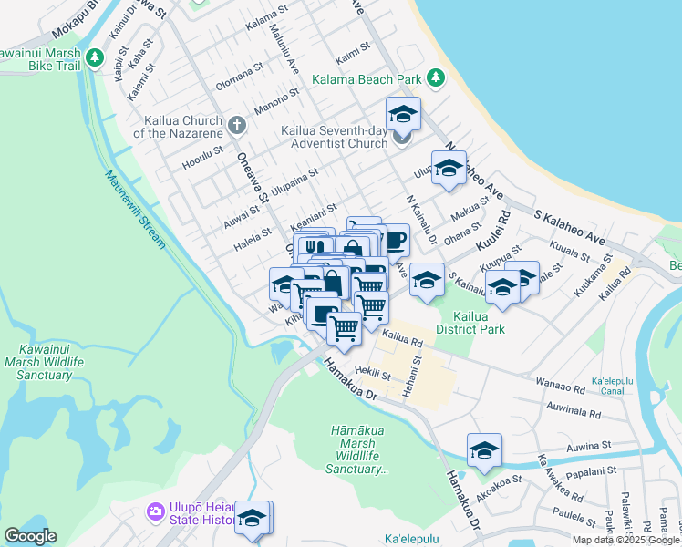 map of restaurants, bars, coffee shops, grocery stores, and more near 337 Uluniu Street in Kailua