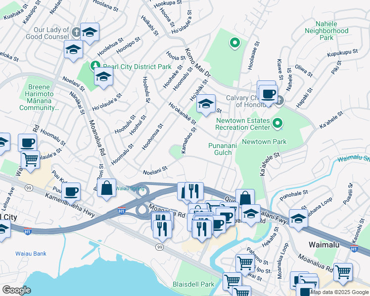 map of restaurants, bars, coffee shops, grocery stores, and more near in Waimalu