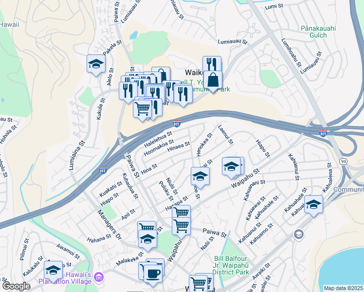 map of restaurants, bars, coffee shops, grocery stores, and more near 94-1187 Hina Street in Waipahu