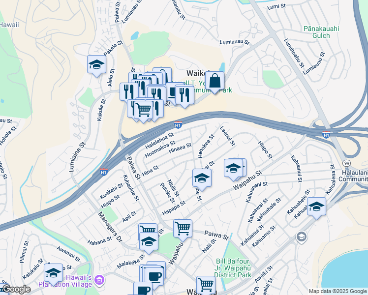 map of restaurants, bars, coffee shops, grocery stores, and more near 94-1187 Hina Street in Waipahu