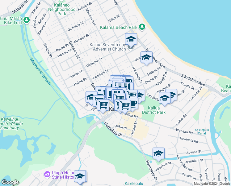 map of restaurants, bars, coffee shops, grocery stores, and more near 402 Uluniu Street in Kailua