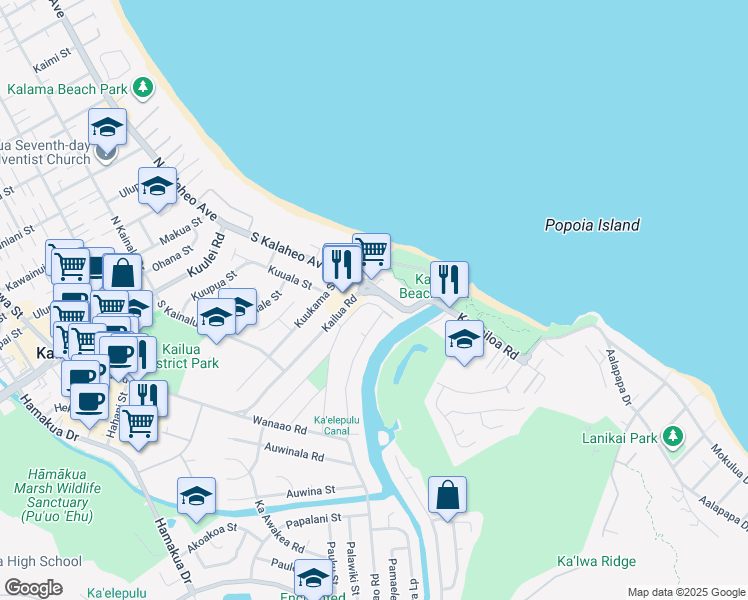map of restaurants, bars, coffee shops, grocery stores, and more near in Kailua