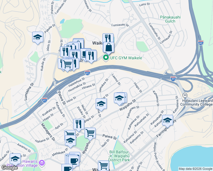 map of restaurants, bars, coffee shops, grocery stores, and more near 94-1234 Hiapo Street in Waipahu