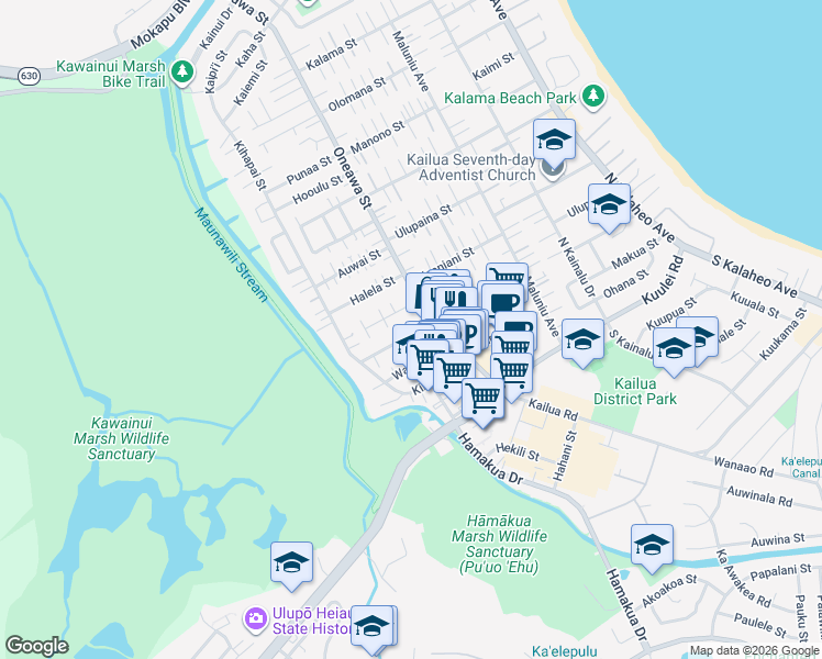 map of restaurants, bars, coffee shops, grocery stores, and more near 561A Kawainui Street in Kailua