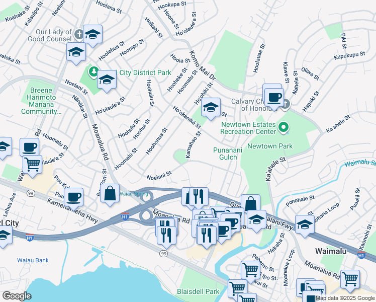 map of restaurants, bars, coffee shops, grocery stores, and more near 86 Kamahao Street in Pearl City