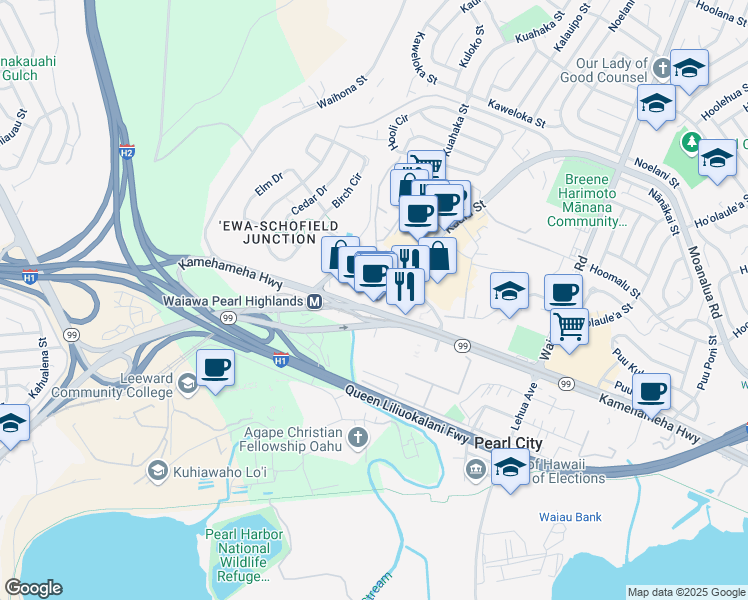 map of restaurants, bars, coffee shops, grocery stores, and more near 1000 Kamehameha Highway in Pearl City