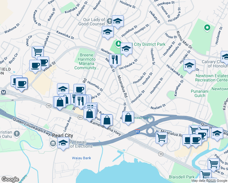 map of restaurants, bars, coffee shops, grocery stores, and more near 1244 Puu Kipa Street in Pearl City