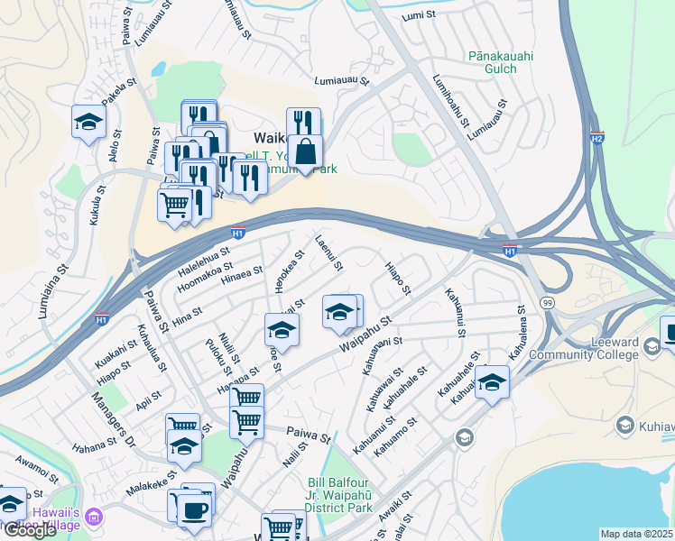 map of restaurants, bars, coffee shops, grocery stores, and more near 94-1345 Hiapo Place in Waipahu