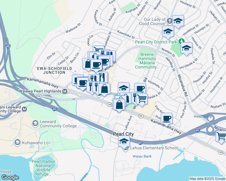 map of restaurants, bars, coffee shops, grocery stores, and more near 1158 Inia Place in Pearl City