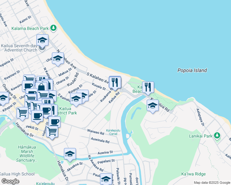 map of restaurants, bars, coffee shops, grocery stores, and more near 247 South Kalaheo Avenue in Kailua