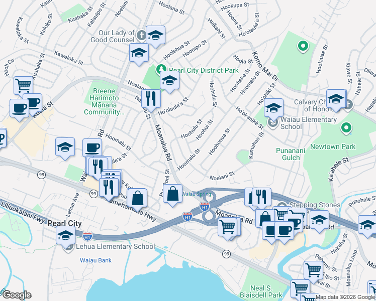 map of restaurants, bars, coffee shops, grocery stores, and more near 1341 Hoohui Street in Pearl City