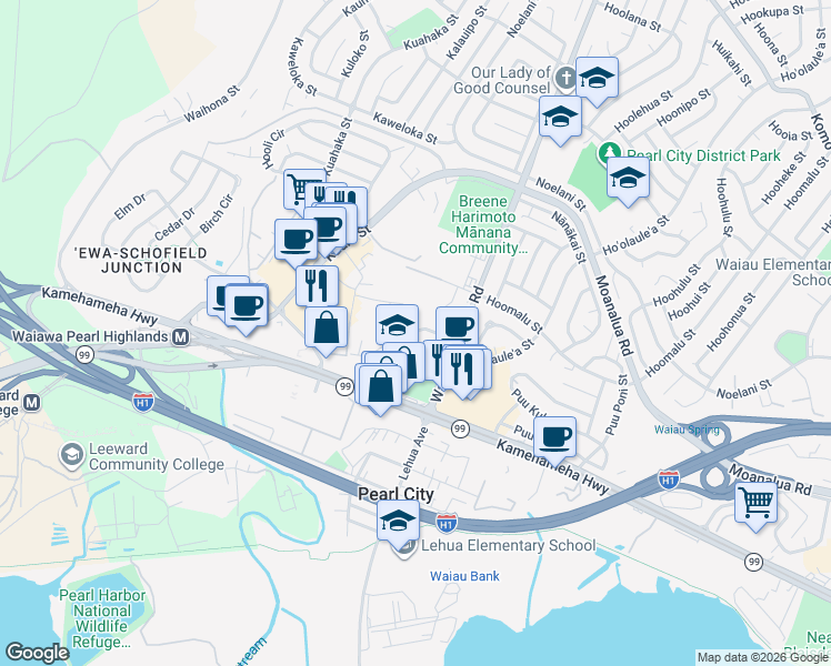 map of restaurants, bars, coffee shops, grocery stores, and more near 1150 Aikoo Place in Pearl City