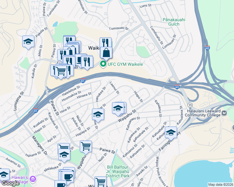 map of restaurants, bars, coffee shops, grocery stores, and more near 94-1345 Hiapo Place in Waipahu