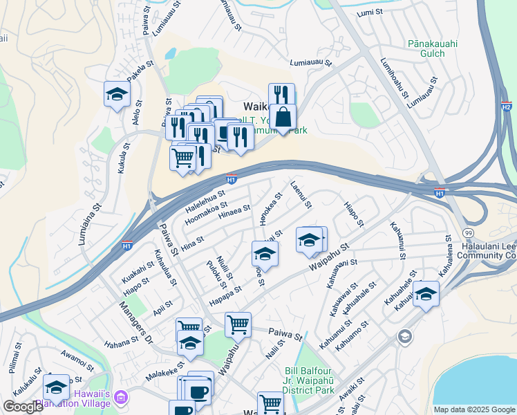 map of restaurants, bars, coffee shops, grocery stores, and more near 94-1195 Hoomakoa Street in Waipahu