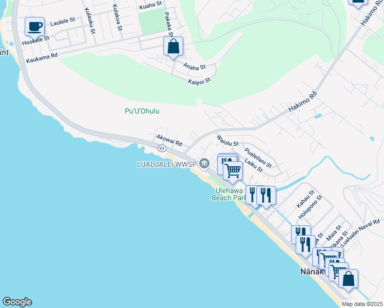 map of restaurants, bars, coffee shops, grocery stores, and more near 87-1485 Akowai Road in Waianae